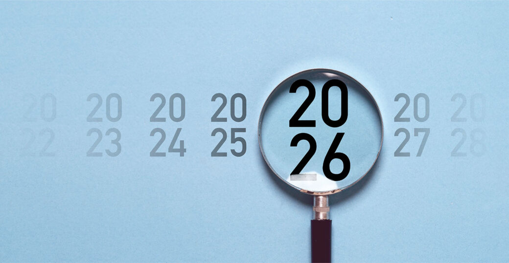 Future packaging trends represented with a magnifying glass hovering over the year.