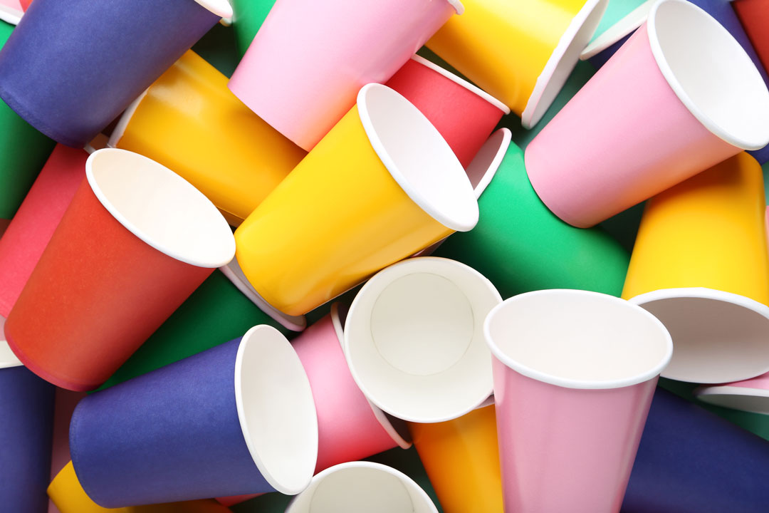 Plastic cups illustrating non-compliant PPWR packaging.